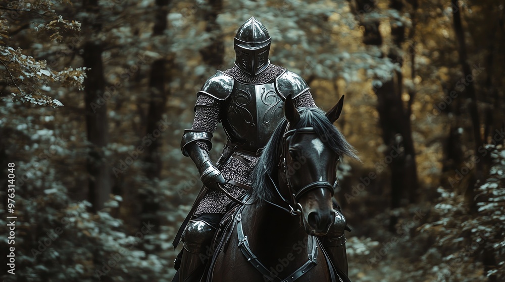 Fototapeta premium A knight in full armor rides a black horse through a forest.