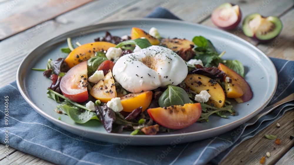 A summer salad with fresh burrata cheese and seasonal peaches. The salad has a lot of different ingredients, including tomatoes, oranges, and lettuce
A summer salad with fresh burrata cheese and seasonal peaches. The salad has a lot of different ingredients, including tomatoes, oranges, and lettuce