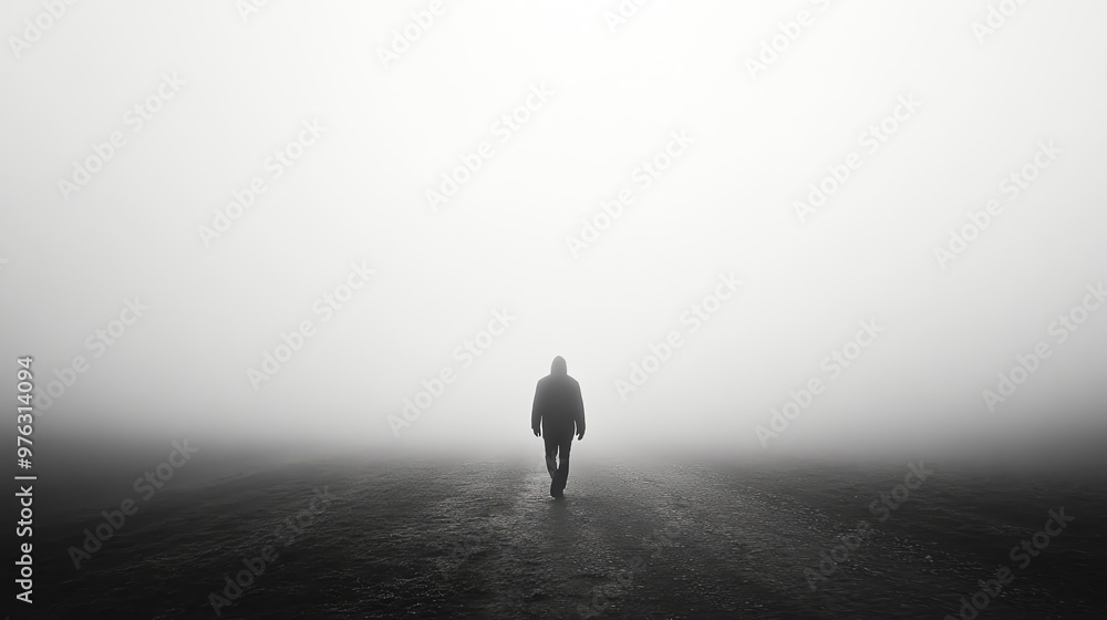 A lone figure walks into the fog, disappearing into the white nothingness.