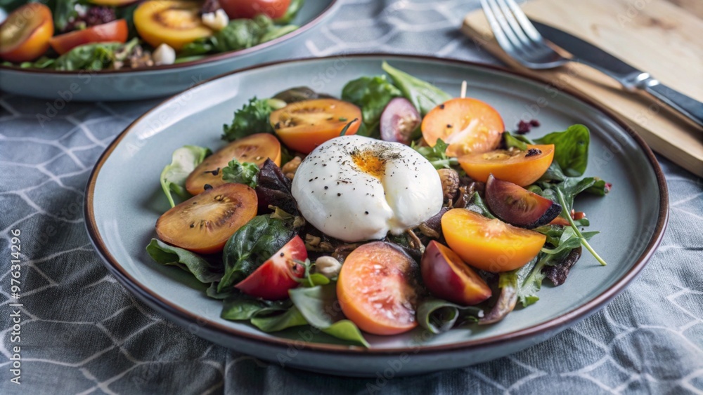 A summer salad with fresh burrata cheese and seasonal peaches. The salad has a lot of different ingredients, including tomatoes, oranges, and lettuce
A summer salad with fresh burrata cheese and seasonal peaches. The salad has a lot of different ingredients, including tomatoes, oranges, and lettuce