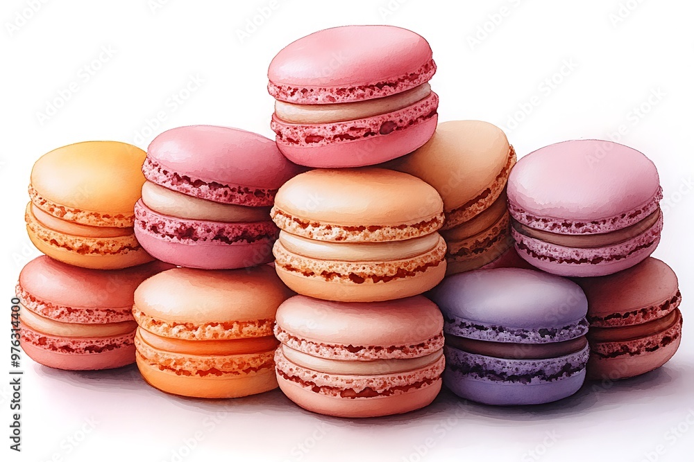 Watercolor illustration of pastel macarons stacked in a pyramid shape Watercolor illustration of pastel macarons stacked in a pyramid shape