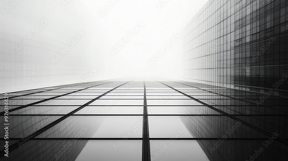 A black and white photo of a building with a grid of windows and a foggy background. A black and white photo of a building with a grid of windows and a foggy background.