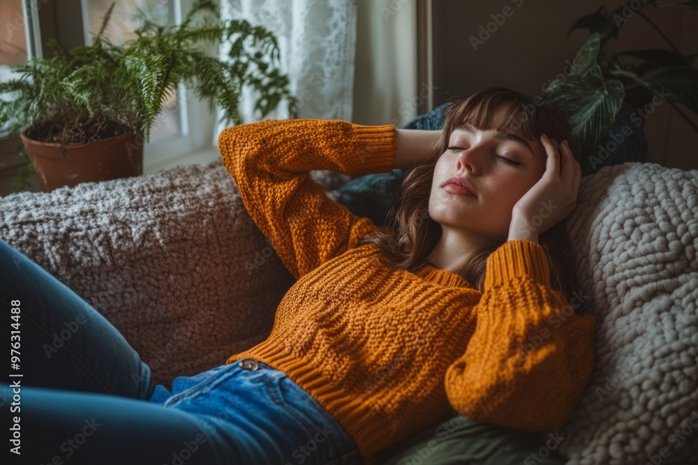 A cozy moment of relaxation at home. A young woman in a warm orange sweater sits on a charming couch. Natural light fills the space creating a peaceful vibe. Generative AI A cozy moment of relaxation at home. A young woman in a warm orange sweater sits on a charming couch. Natural light fills the space creating a peaceful vibe. Generative AI