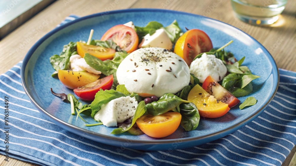 A summer salad with fresh burrata cheese and seasonal peaches. The salad has a lot of different ingredients, including tomatoes, oranges, and lettuce
A summer salad with fresh burrata cheese and seasonal peaches. The salad has a lot of different ingredients, including tomatoes, oranges, and lettuce