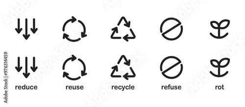 Recycle cycle arrow icon set. Recycling eco icon. Flat icon set of Reduce, reuse, recycle, reject and decompose. Recycle eco icon vector illustration on transparent background. Eps 10.