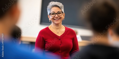 A cheerful teacher stands smiling at the front of a classroom, engaging with students during a lecture, fostering a vibrant and interactive educational atmosphere.