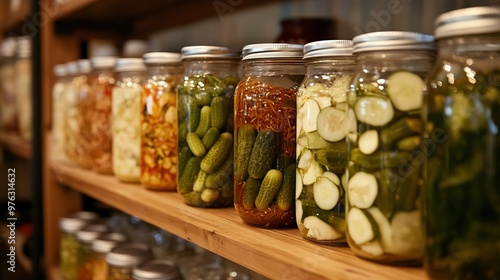 Traditional fermented food jars lined up on a wooden shelf, filled with pickles, kimchi, and kombucha