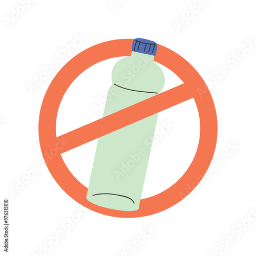 Plastic bottle in a prohibition sign. Promotes no plastic and environmental awareness.Flat vector illustration isolated on white background.