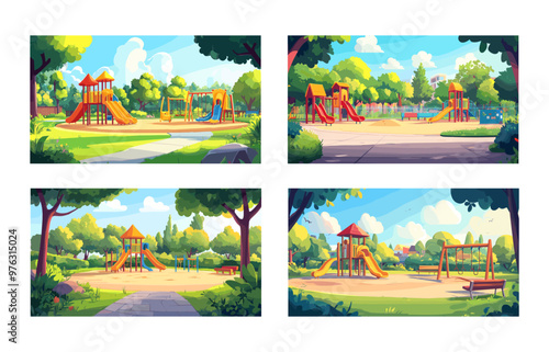 Cartoon kids playground. Children empty recreation with swings and slides, trees city park sunny place, kindergarten backyard activity area vector illustration