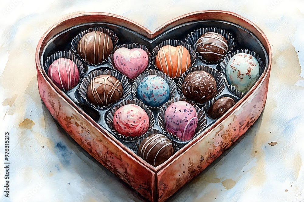 Obraz premium Watercolor illustration of a heart-shaped box filled with various chocolates