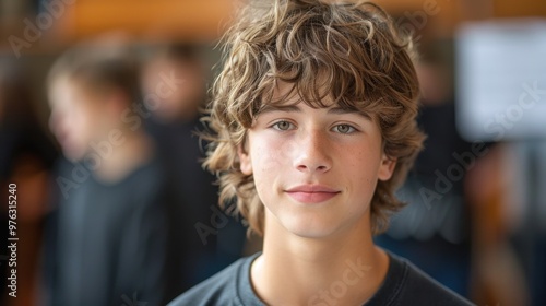 Young man with a black shirt and a group of people