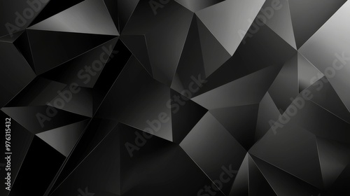 An abstract black white dark gray background with geometric pattern shapes, lines, triangles, and polygons. Gradient. Shadow. Matte. 3D effect, rough grain grunge. Product design. Template.