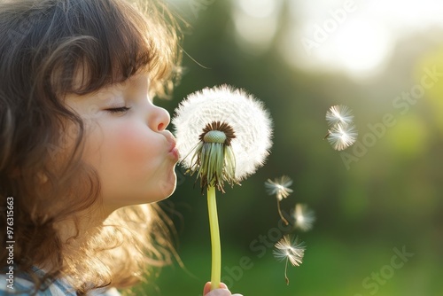 A young girl with curly hair blows on a dandelion seedhead, scattering the seeds into the air against a soft-focus natural background