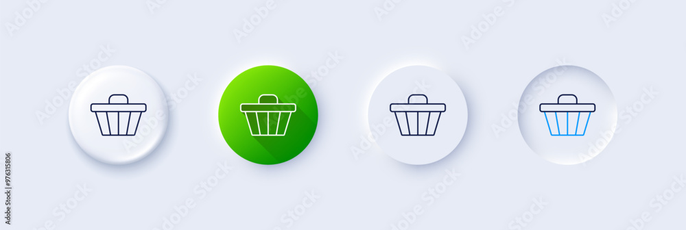 Shopping cart line icon. Neumorphic, Green gradient, 3d pin buttons. Online buying sign. Supermarket basket symbol. Line icons. Neumorphic buttons with outline signs. Vector Shopping cart line icon. Neumorphic, Green gradient, 3d pin buttons. Online buying sign. Supermarket basket symbol. Line icons. Neumorphic buttons with outline signs. Vector