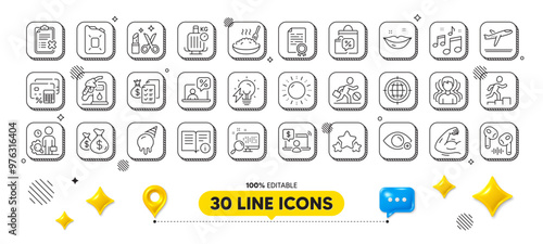 Online shopping, Certificate diploma and Music line icons pack. 3d design elements. Coins bags, Technical info, Lips web icon. Baggage scales, Petrol station, Jobless pictogram. Vector