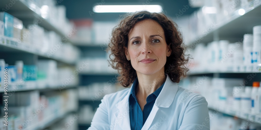 A confident female pharmacist wearing a white coat stands in the middle of a pharmacy, surrounded by shelves of various medications, portraying professionalism and expertise. A confident female pharmacist wearing a white coat stands in the middle of a pharmacy, surrounded by shelves of various medications, portraying professionalism and expertise.