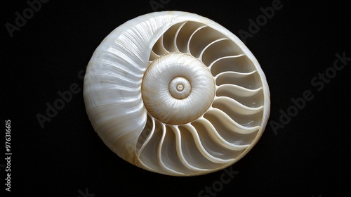 In this black and white photograph, a halved chambered nautilus shell's spiral pattern is clearly visible. It was isolated on a white background.