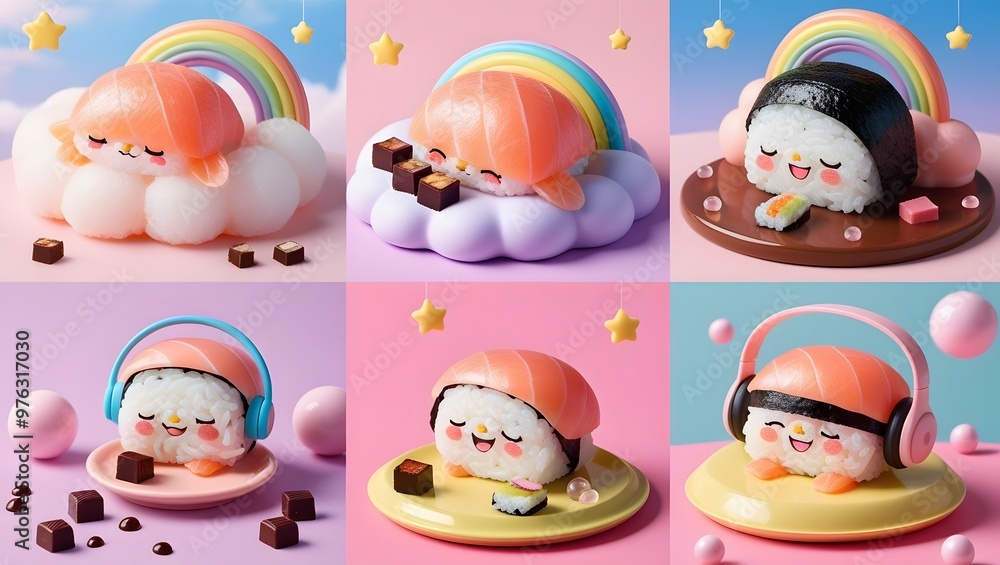 Fototapeta premium Sushi, salmon rice, seaweed rice, cute makeup, headphones, rainbow, pastel background.