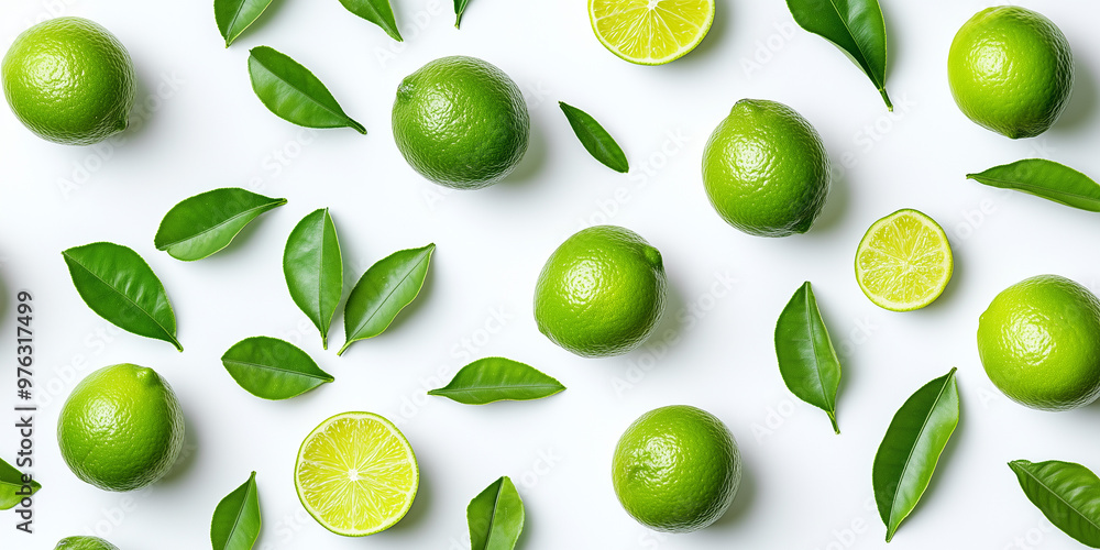 Limes and leaves pattern on a white background, flat lay photography Limes and leaves pattern on a white background, flat lay photography