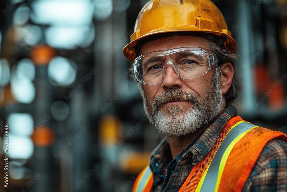 A man wearing a yellow hard hat and safety glasses stands in front of a building. He is wearing an orange safety vest and he is a construction worker A man wearing a yellow hard hat and safety glasses stands in front of a building. He is wearing an orange safety vest and he is a construction worker
