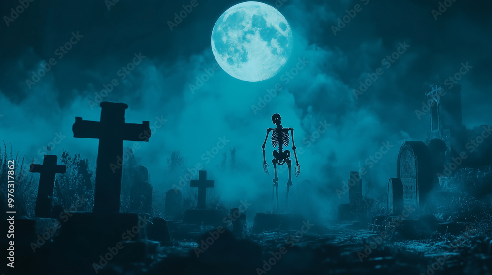 Skeleton Rising from Graveyard Under Full Moon on Foggy Halloween Night Skeleton Rising from Graveyard Under Full Moon on Foggy Halloween Night