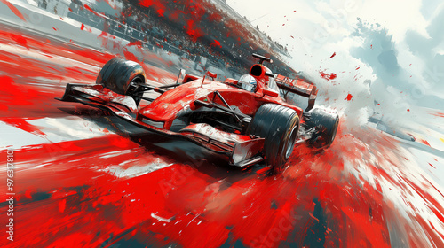 Bold and Dynamic Formula One Car in Action with a Vibrant Red and Abstract Design Effect photo