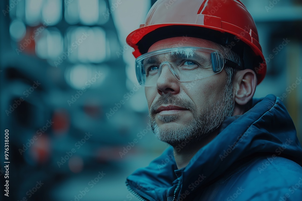 Obraz premium A man wearing a red hard hat and goggles is standing in a building. He is looking up at something
