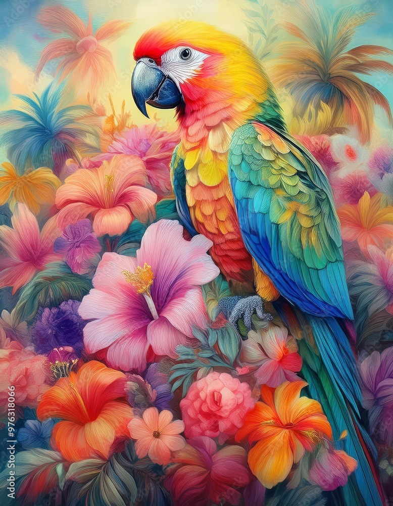 Obraz premium In a beautiful and vibrant painting, a colorful and exotic parrot is perched gracefully on a plentiful pile of assorted flowers
