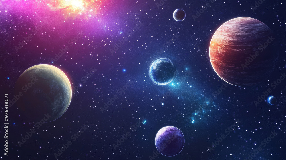 Realistic star pattern. Deep interstellar space. Stars, planets and moons. Various science fiction creative backdrops. Space art. Imaginary cosmic backdrop. Realistic star pattern. Deep interstellar space. Stars, planets and moons. Various science fiction creative backdrops. Space art. Imaginary cosmic backdrop.