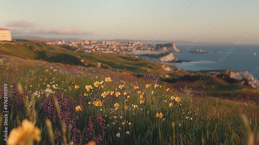 A field of wildflowers before a city on top of a hill, overlooking the ocean and another city afar A field of wildflowers before a city on top of a hill, overlooking the ocean and another city afar