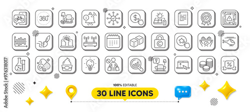 Stop shopping, Calendar and Dice line icons pack. 3d design elements. Ice cream, Love award, Document web icon. Loyalty star, Maze attention, Medical tablet pictogram. Vector