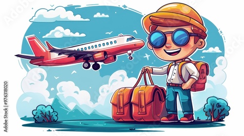 Cheerful Cartoon Traveler Boy with Sunglasses and Backpack Beside a Flying Airplane in Comic Style Illustration