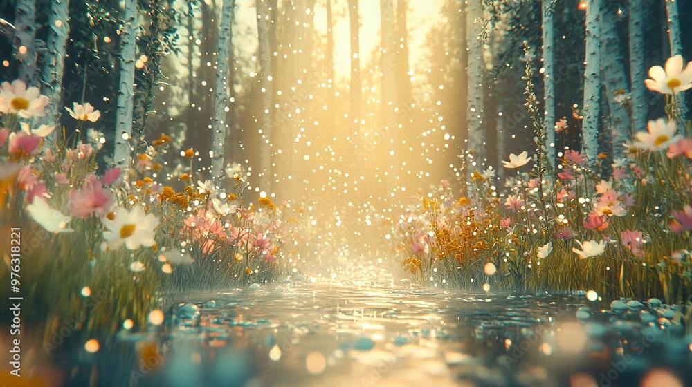 The sun brilliantly illuminates through trees and water with daisies in both the foreground The sun brilliantly illuminates through trees and water with daisies in both the foreground