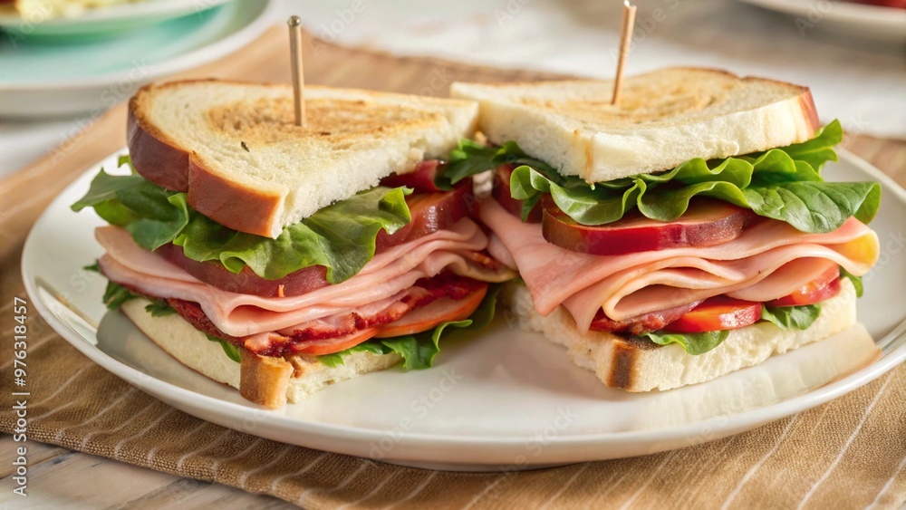 A turkey sandwich with bacon and lettuce is on a white plate. The sandwich is cut in half and has a toothpick holding it together
A turkey sandwich with bacon and lettuce is on a white plate. The sandwich is cut in half and has a toothpick holding it together