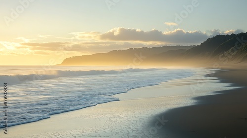 A tranquil beach scene with waves lapping at the shore during sunrise.