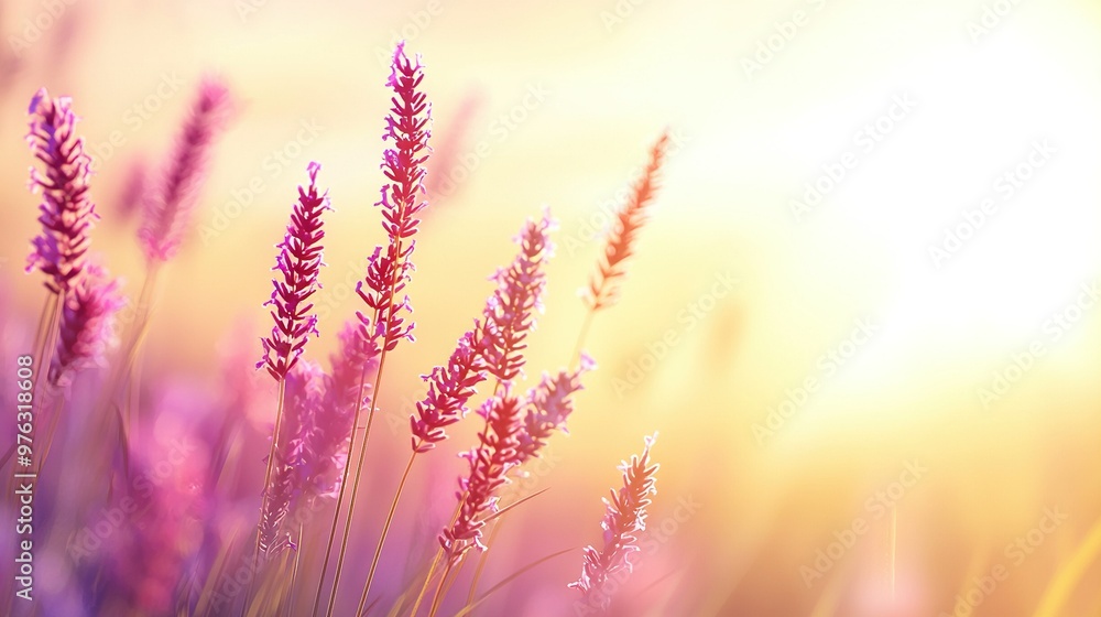 A close-up of a field of flowers beneath the warm rays of sunlight filtering through the clouds above A close-up of a field of flowers beneath the warm rays of sunlight filtering through the clouds above