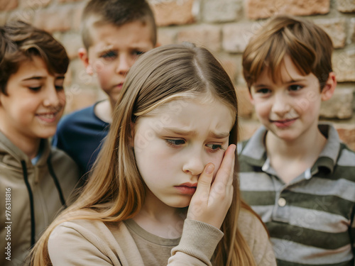 A sad girl intimidation moment on the elementary Age Bullying in Schoolyard. Social exclusion problem. Bullying at school concept.