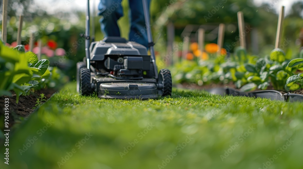 Man in Blue Pants Pushing a Lawn Mower Across a Vibrant Green Garden in Spring Sunshine Man in Blue Pants Pushing a Lawn Mower Across a Vibrant Green Garden in Spring Sunshine