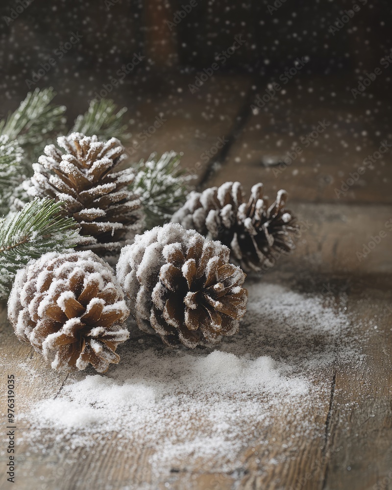 Christmas Snow Covered Pine Cones Arranged on a Rustic Wooden Table Christmas Snow Covered Pine Cones Arranged on a Rustic Wooden Table