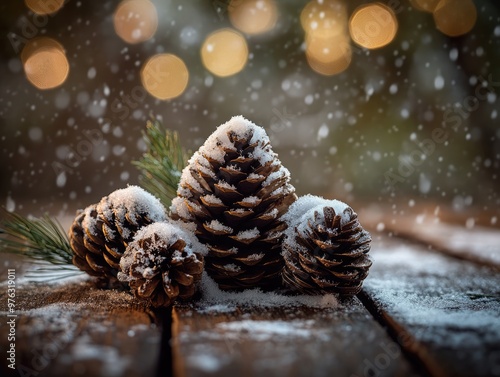 Christmas Snow Covered Pine Cones Arranged on a Rustic Wooden Table photo