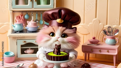 Cat is a chef making a chocolate cake in the shape of a cat. photo