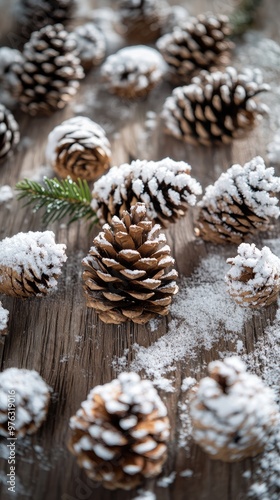 Christmas Snow Covered Pine Cones Arranged on a Rustic Wooden Table photo