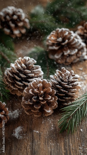 Christmas Snow Covered Pine Cones Arranged on a Rustic Wooden Table photo