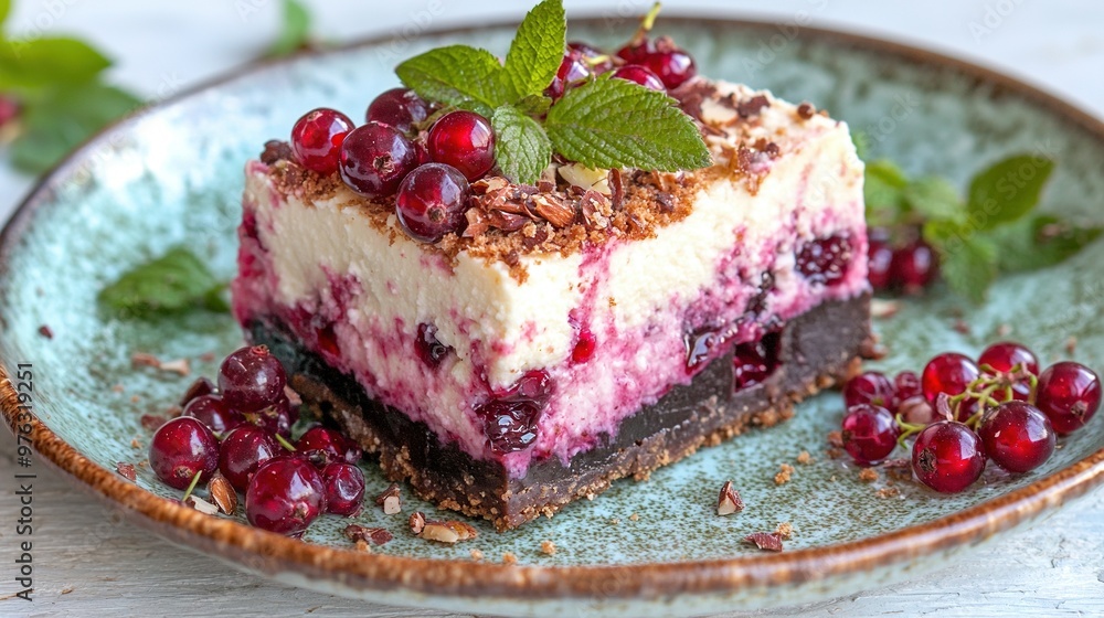 A plate of food in close-up, featuring cherries on one side and leaves on the other A plate of food in close-up, featuring cherries on one side and leaves on the other