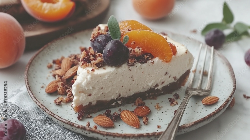 White plate with cheesecake slice, nuts, and oranges alongside fruit bowl White plate with cheesecake slice, nuts, and oranges alongside fruit bowl