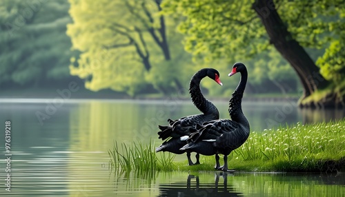 Elegant black swans basking in serene lakeside tranquility amidst lush greenery and tranquil waters photo