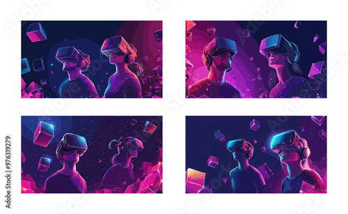 Cartoon metaverse reality. Men and women positive surprised characters augmented with vr glasses, exploring blockchain cubes virtual ai world, digital environment cyber online universe posters