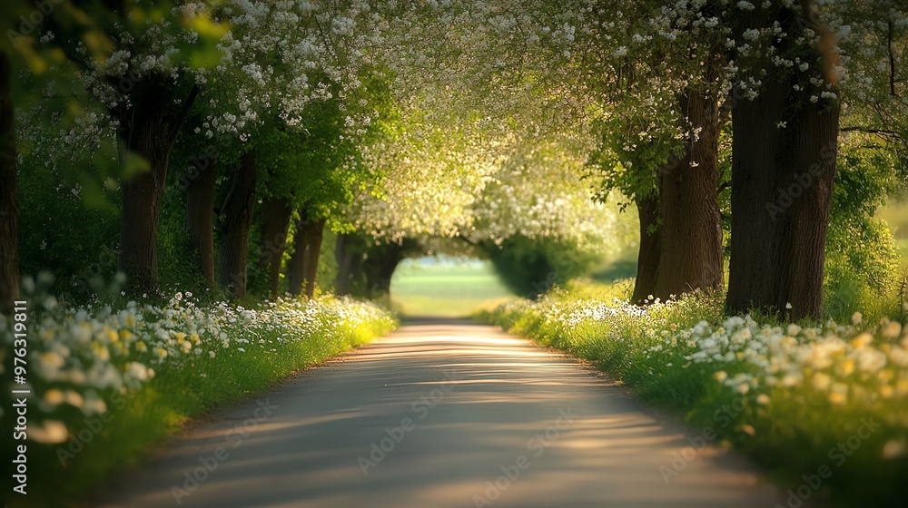 Naklejka premium A winding path leads through a beautiful tree tunnel with white flowers blooming along the sides.
