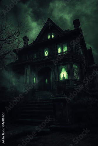 Spooky Haunted House with Glowing Windows and Foggy Atmosphere on Halloween Night