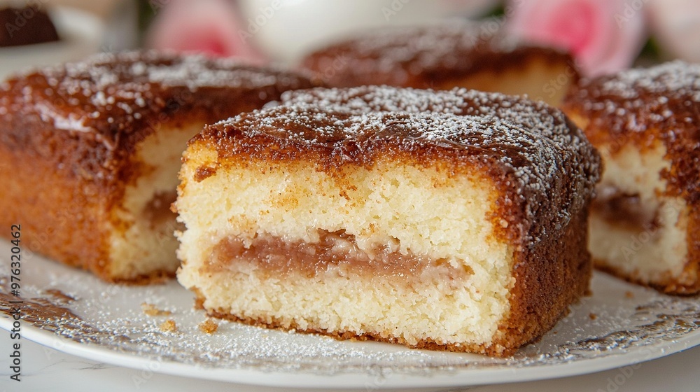 A close-up of a cake on a plate with powdered sugar sprinkled on top A close-up of a cake on a plate with powdered sugar sprinkled on top